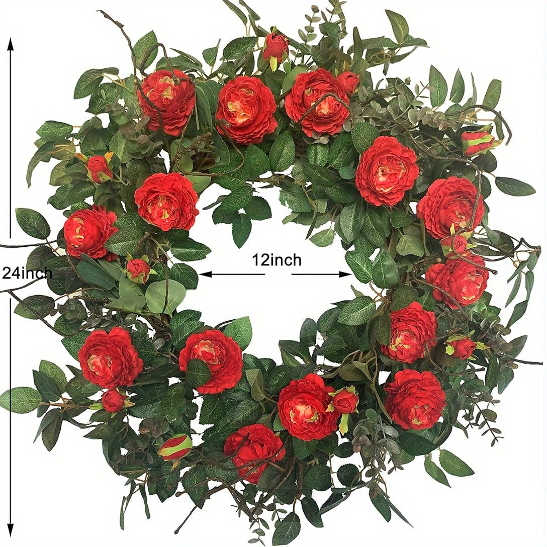 24 Inch Blossom Cabbage Rose Wreath Flame Red & Burgundy Flower Ivy Everyday Summer Wreath