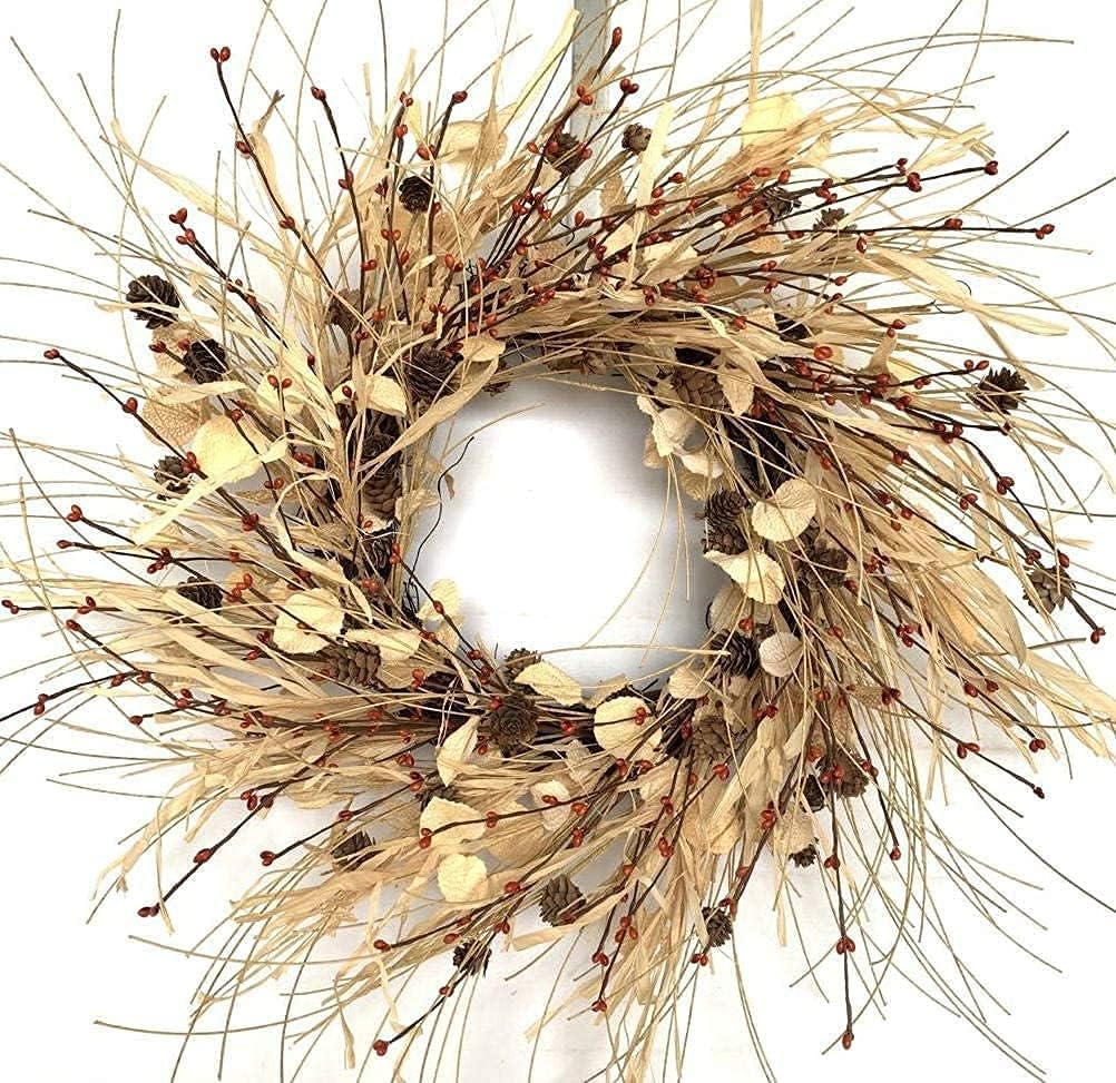 Fall Harvest Wreath - 24" Raffia, Eucalyptus, Berries, Pinecones