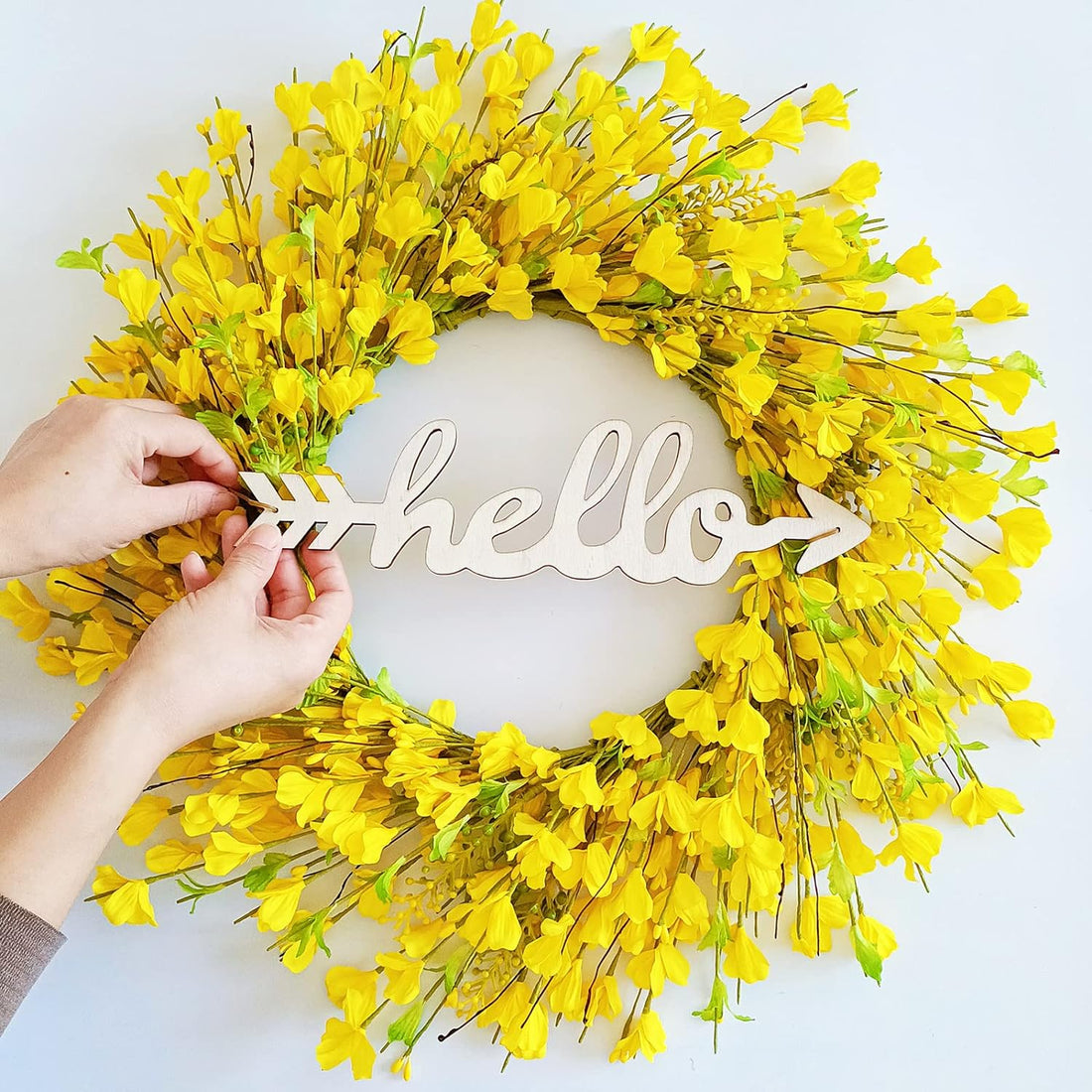 Yellow Forsythia Door Wreath with Hello Sign, 22 inch Spring and Summer Wreaths Decorations
