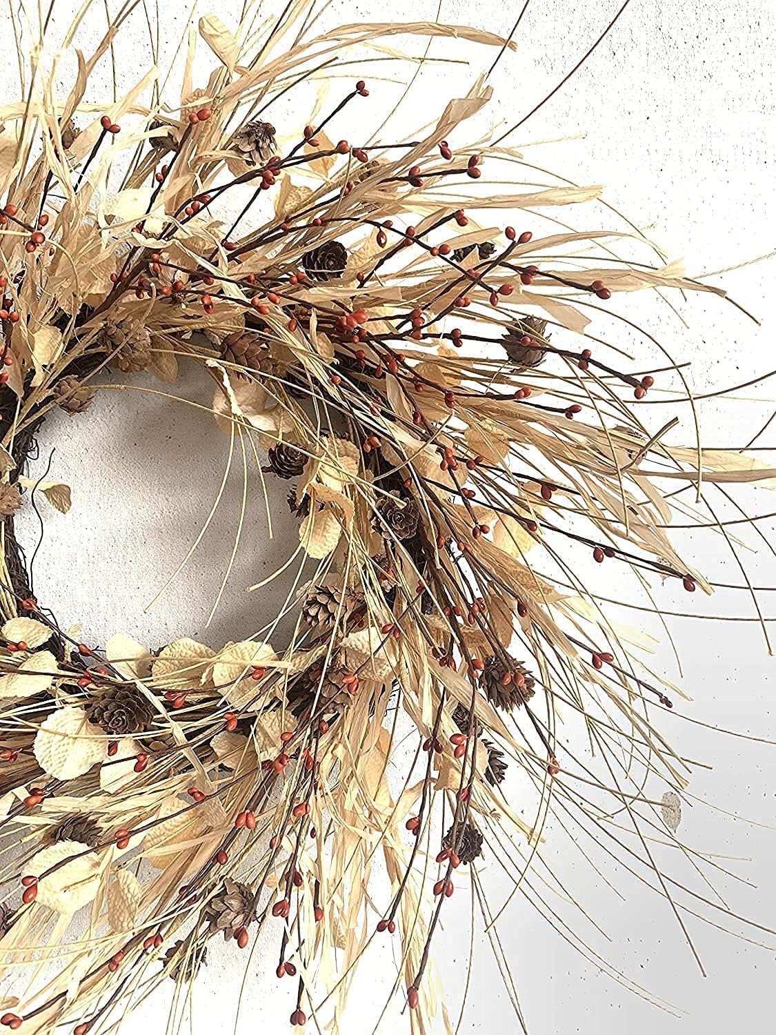 Fall Harvest Wreath - 24" Raffia, Eucalyptus, Berries, Pinecones