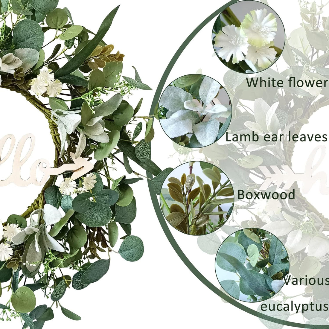 Eucalyptus Wreath with Hello Sign, TOKCARE 21 Inch Artificial Lambs Ear Leaves Green Wreath