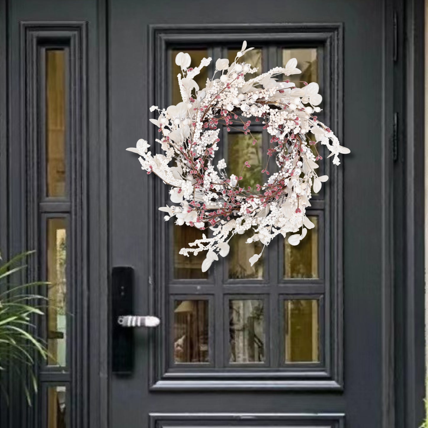 24 inch Winter Wreath for Front Door,Christmas Wreaths Front Door with White Eucalyptus Leaves and White Red Berry