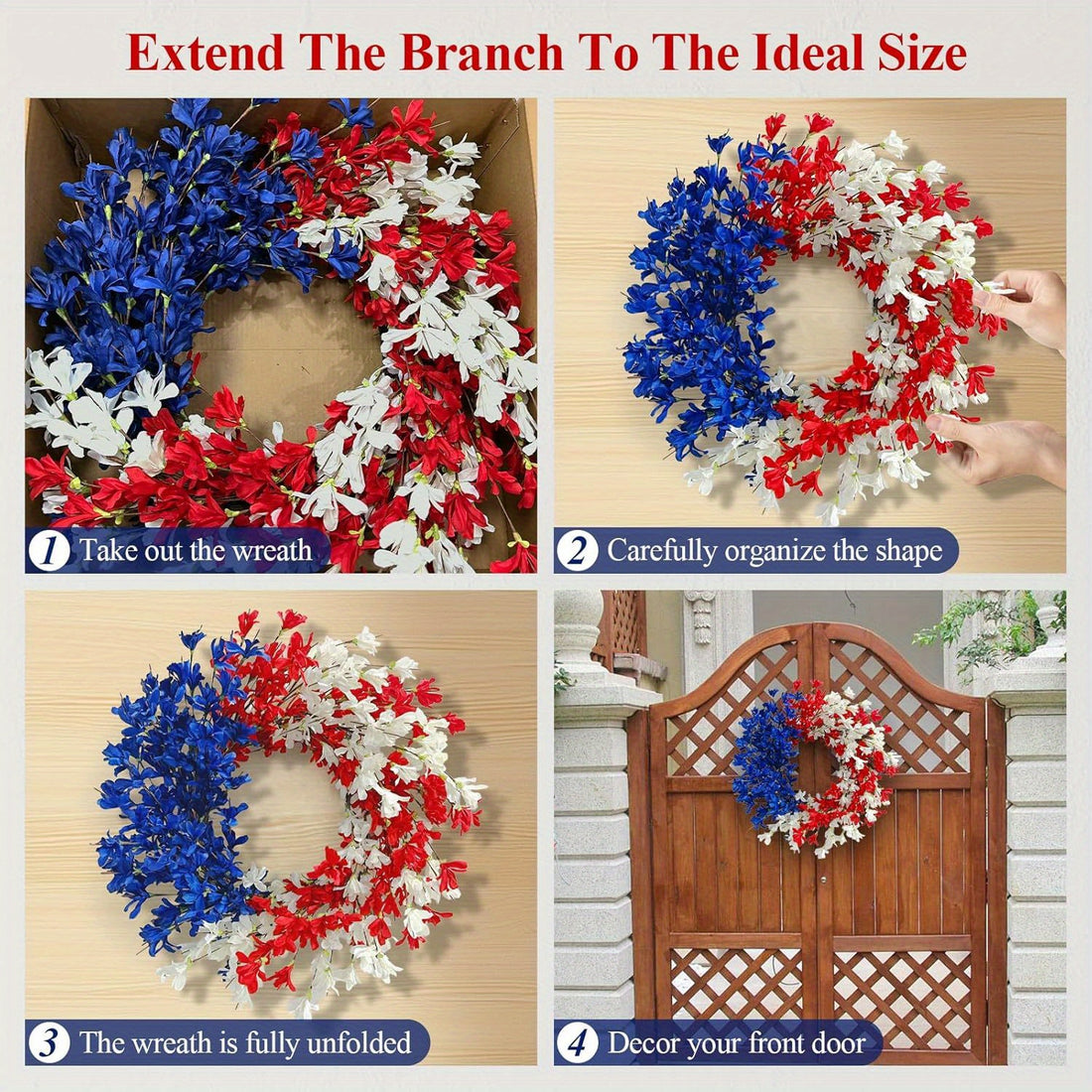 4th of July Forsythia Door Decor 24 Inch Patriotic Wreath Summer Front Door Wreath Memorial Day Americana Forsythia Flower Farmhouse Grapevine Blossom Cluster Decor