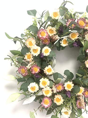 Colorful Daisy Delight: 24-Inch Artificial Spring Front Door Wreath with Farmhouse Boxwood Leaves