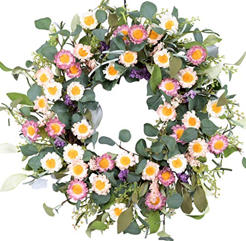 Colorful Daisy Delight: 24-Inch Artificial Spring Front Door Wreath with Farmhouse Boxwood Leaves