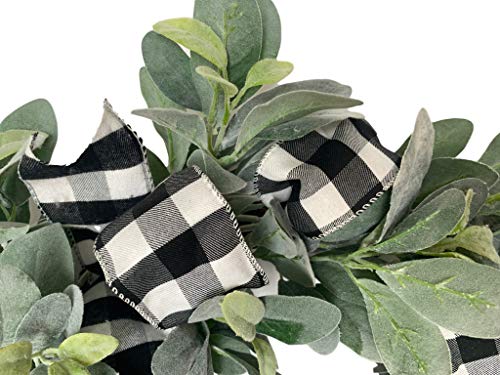 Elegant Farmhouse Charm: 24-Inch Lambs Ear Wreath with Black White Buffalo Plaid