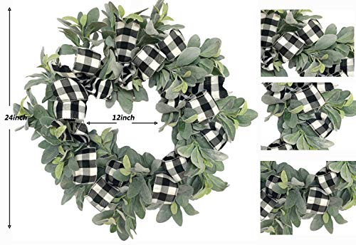 Elegant Farmhouse Charm: 24-Inch Lambs Ear Wreath with Black White Buffalo Plaid