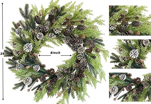 Frosted Winter Delight: 26-Inch Front Door Wreath with Thick Pine Cypress and Pinecones
