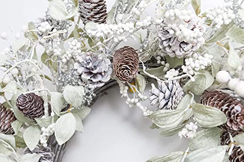 Winter White Berry Wreath 26 Inch with Iced Pine Cones