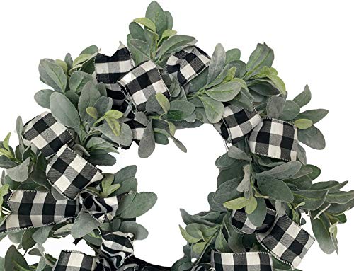 Elegant Farmhouse Charm: 24-Inch Lambs Ear Wreath with Black White Buffalo Plaid