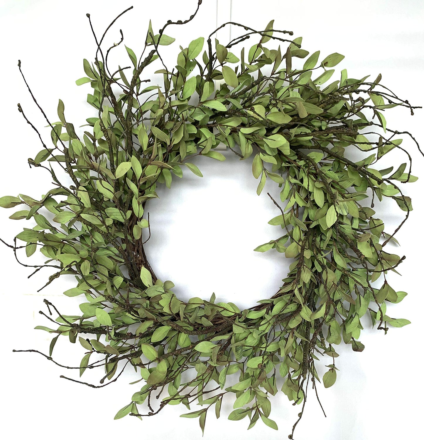 Fresh Green Tea Leaves: 24-Inch Spring Front Door Wreath with Handcrafted Twigs