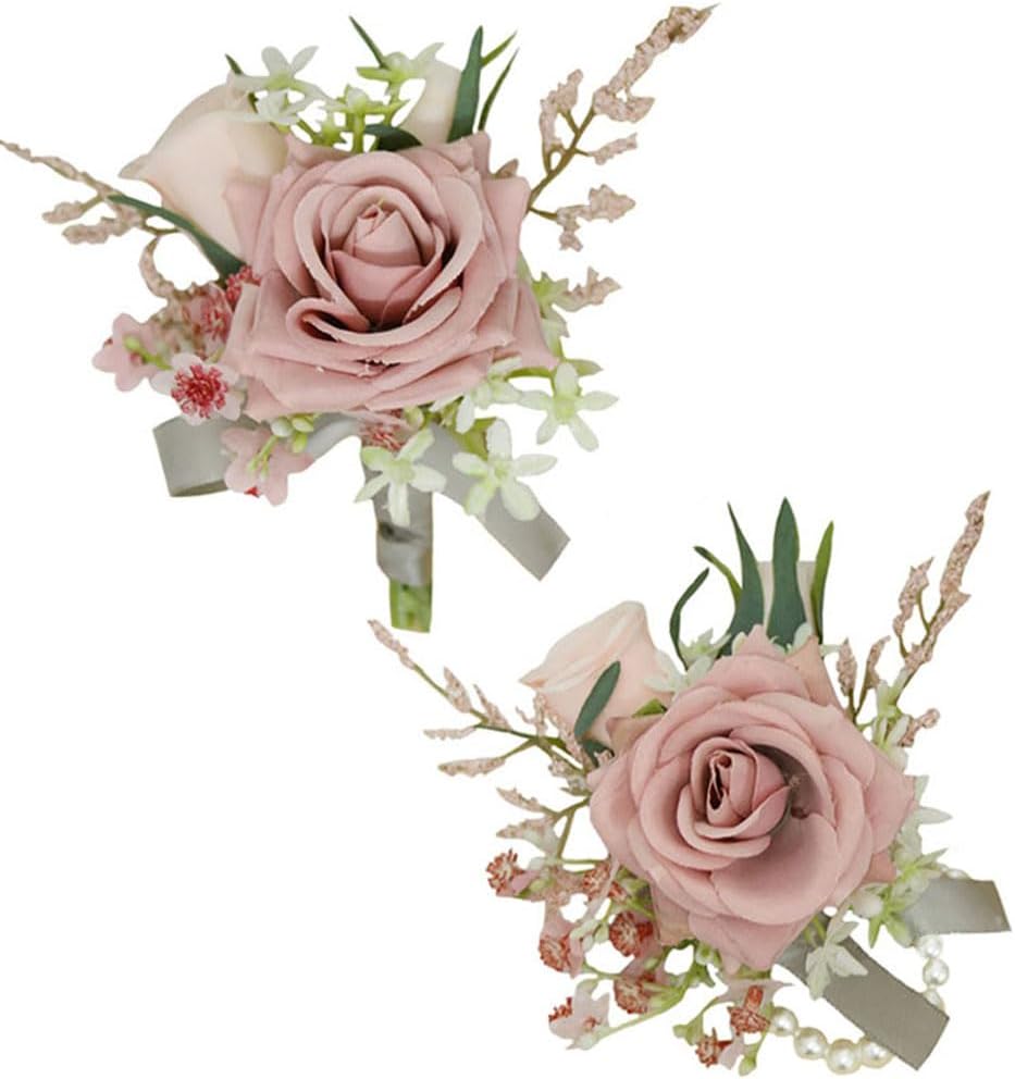 Wrist Corsage and Boutonniere Set Dusty Rose Artificial Roses 2pcs