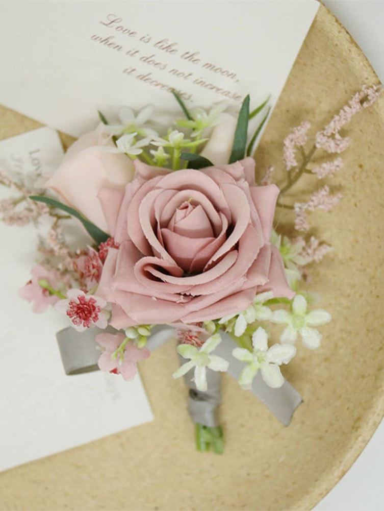 Wrist Corsage and Boutonniere Set Dusty Rose Artificial Roses 2pcs