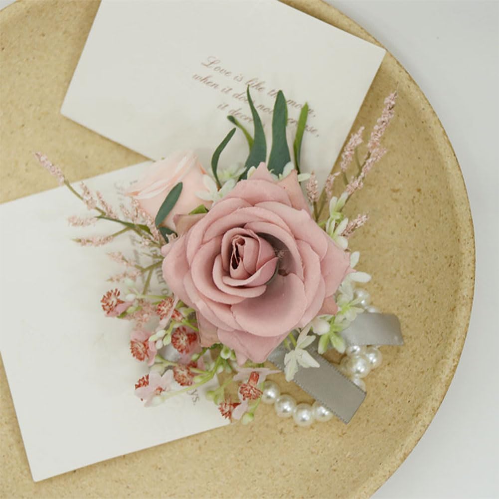 Wrist Corsage and Boutonniere Set Dusty Rose Artificial Roses 2pcs