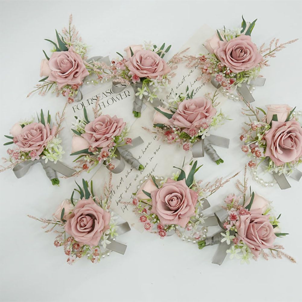 Wrist Corsage and Boutonniere Set Dusty Rose Artificial Roses 2pcs
