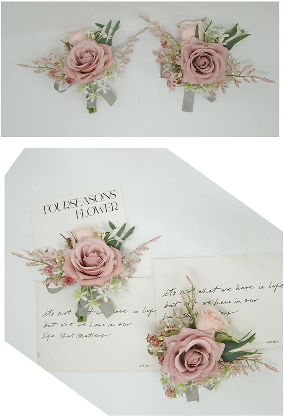 Wrist Corsage and Boutonniere Set Dusty Rose Artificial Roses