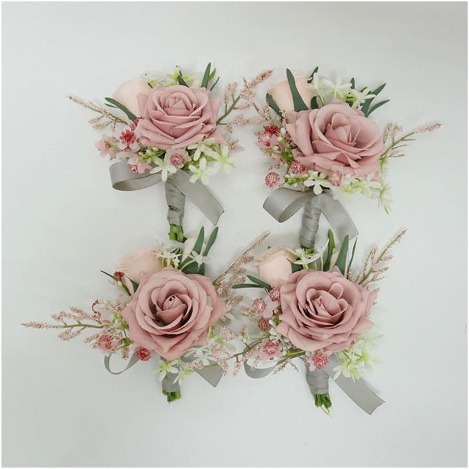 Wrist Corsage and Boutonniere Set Dusty Rose Artificial Roses 2pcs