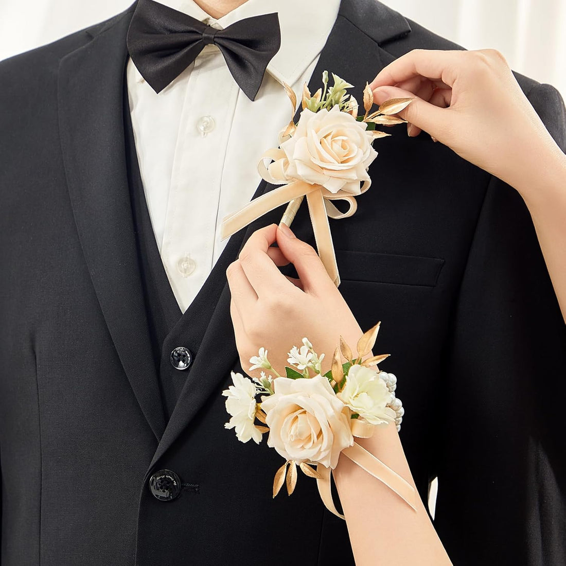 Champagne Rose Corsage And Boutonniere Set 2Pcs For Prom And Wedding