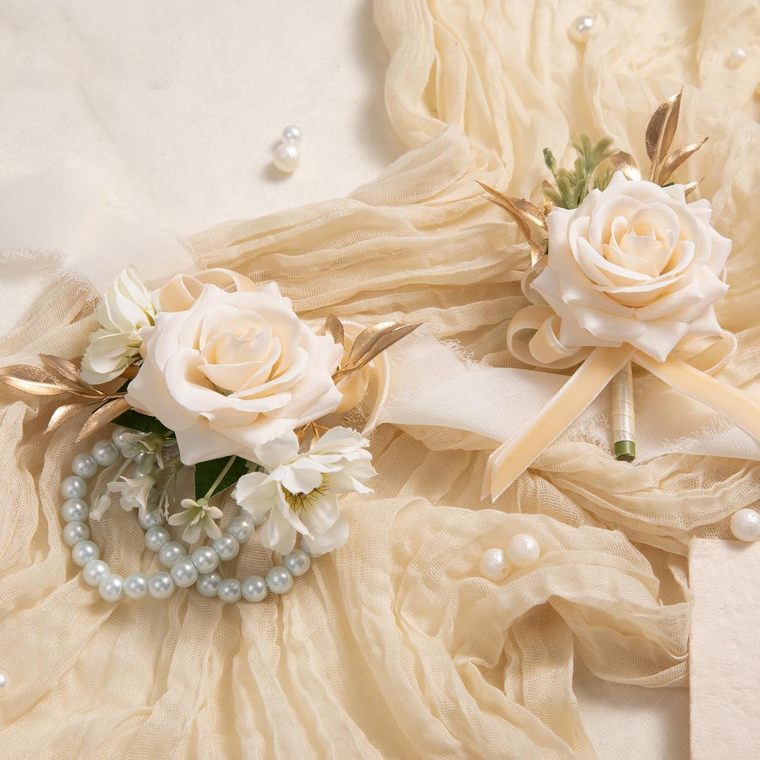 Champagne Rose Corsage And Boutonniere Set 2Pcs For Prom And Wedding