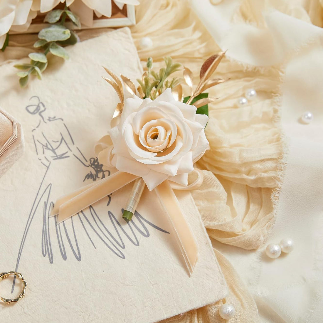 Champagne Rose Corsage And Boutonniere Set 2Pcs For Prom And Wedding