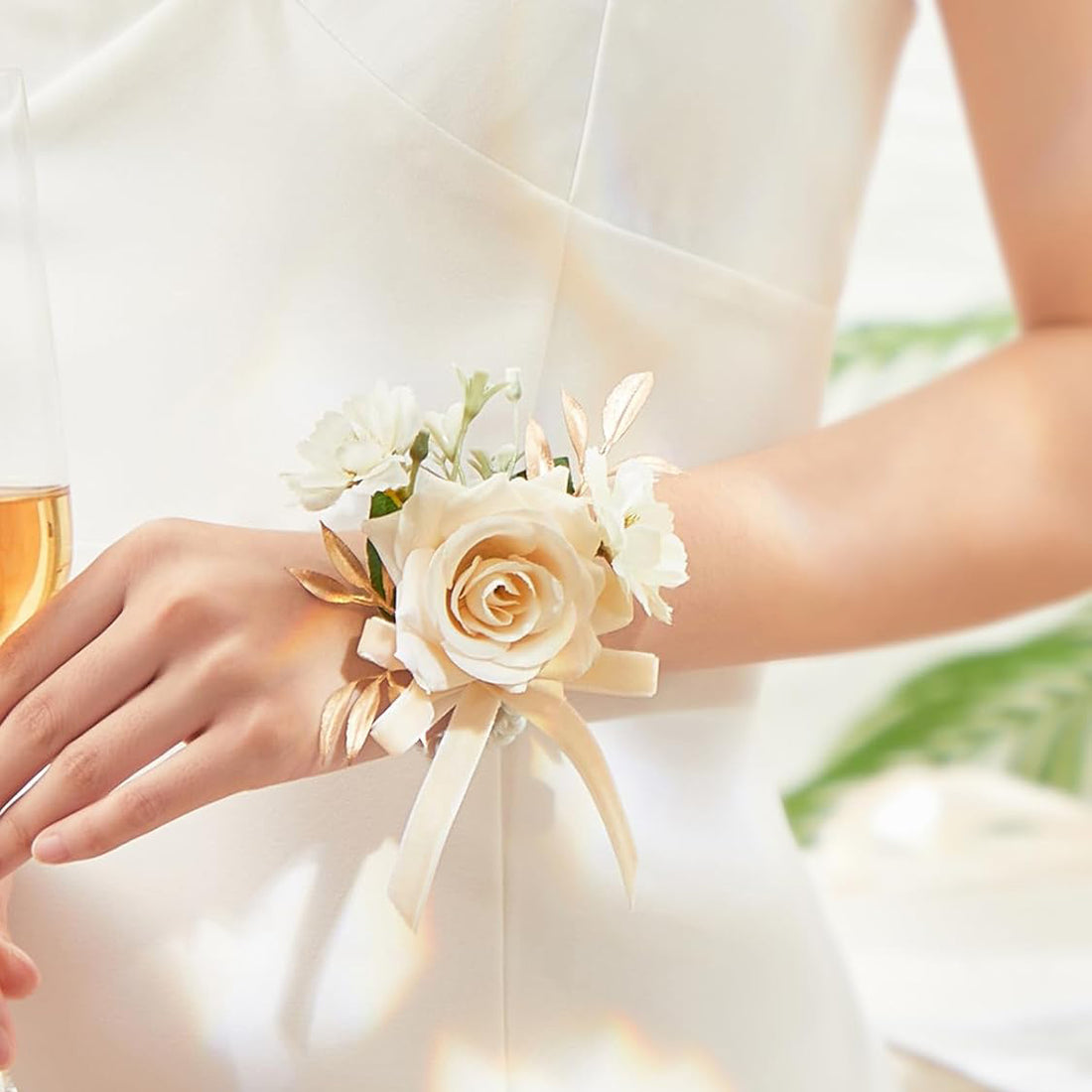 Champagne Rose Corsage And Boutonniere Set 2Pcs For Prom And Wedding
