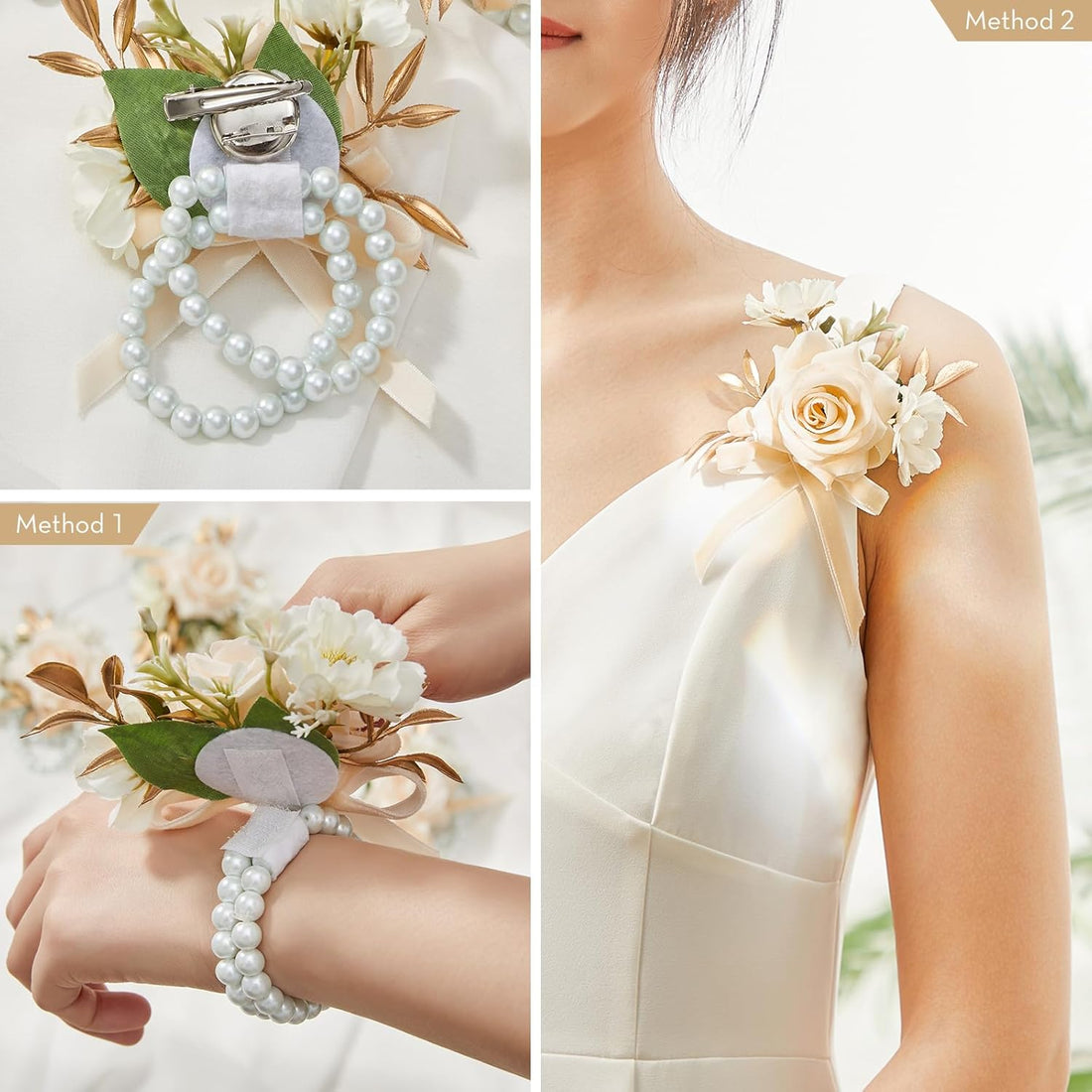 Champagne Rose Corsage And Boutonniere Set 2Pcs For Prom And Wedding