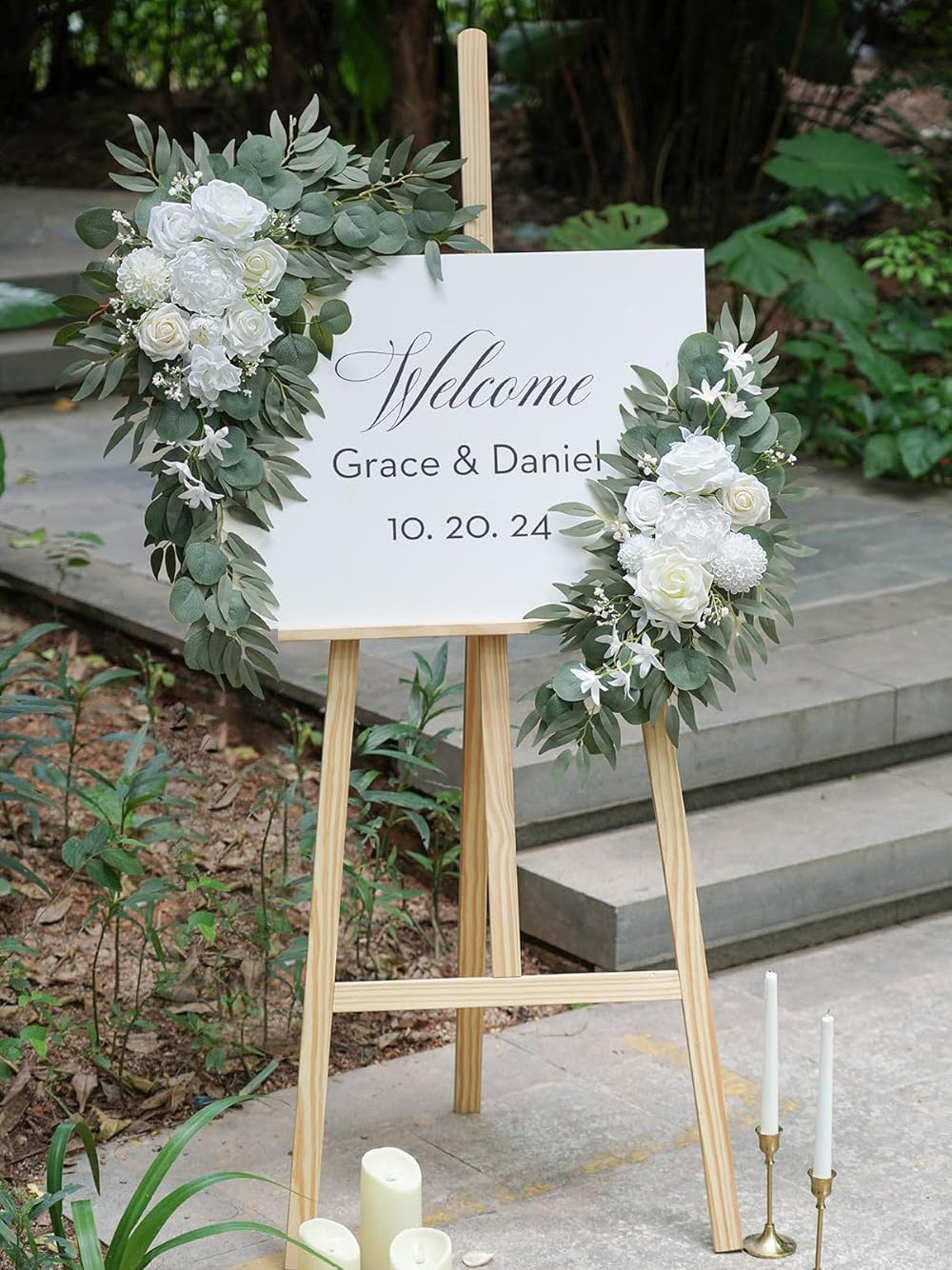 White Ivory Artificial Flower Swags Wedding Arch Welcome Signs Set of 2 35/25 Inch