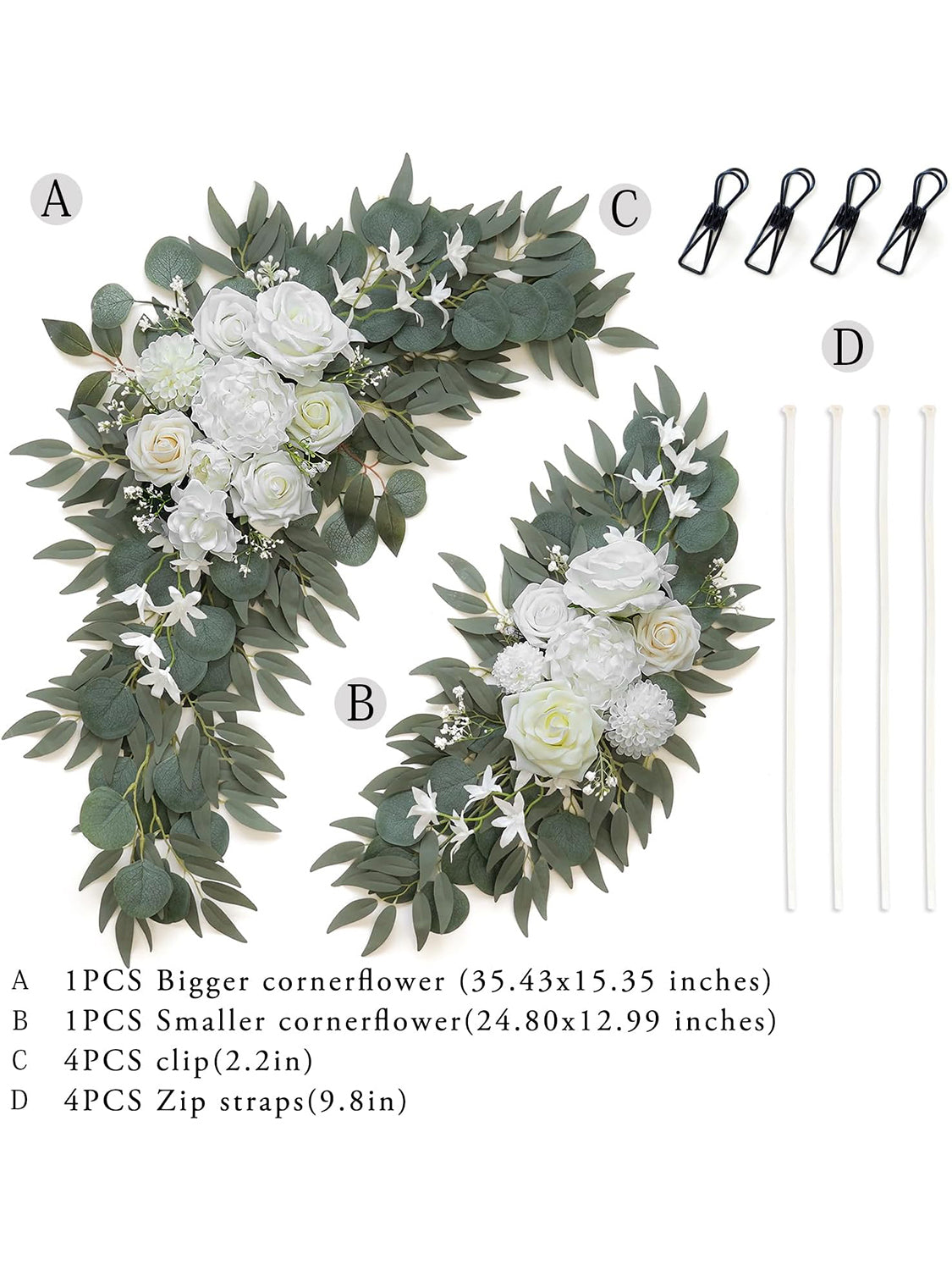White Ivory Artificial Flower Swags Wedding Arch Welcome Signs Set of 2 35/25 Inch