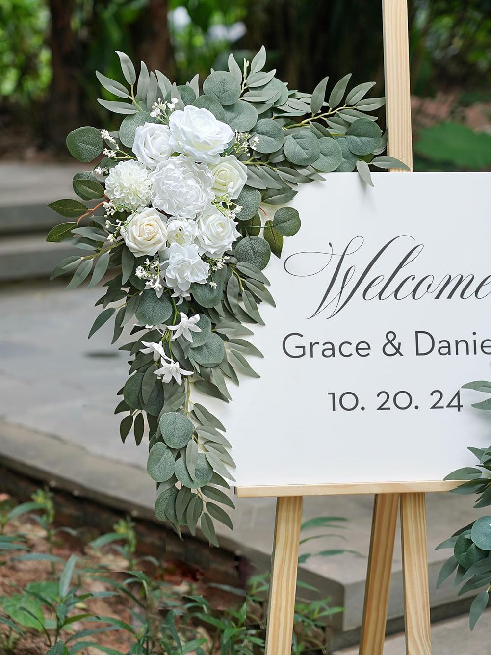 White Ivory Artificial Flower Swags Wedding Arch Welcome Signs Set of 2 35/25 Inch