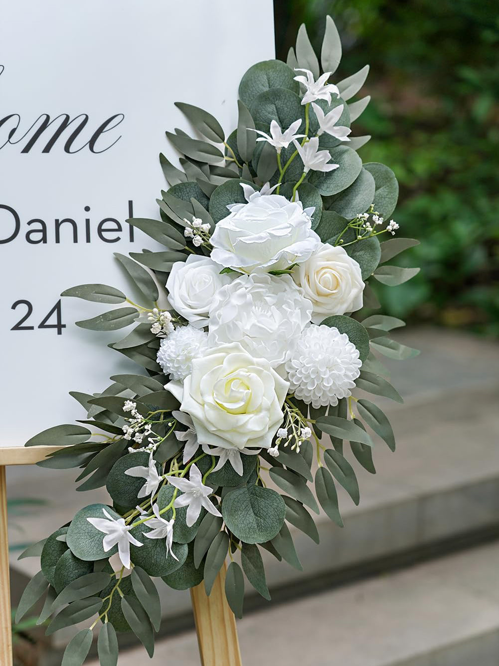 White Ivory Artificial Flower Swags Wedding Arch Welcome Signs Set of 2 35/25 Inch