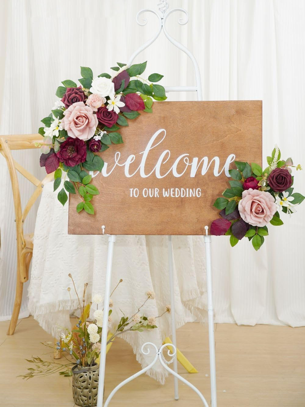 Burgundy And Dusty Rose Welcome Sign Floral Garland Set For Wedding Arch 02