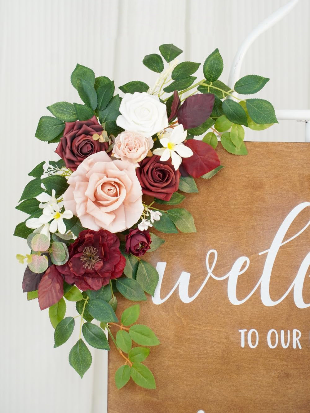 Burgundy And Dusty Rose Welcome Sign Floral Garland Set For Wedding Arch 02