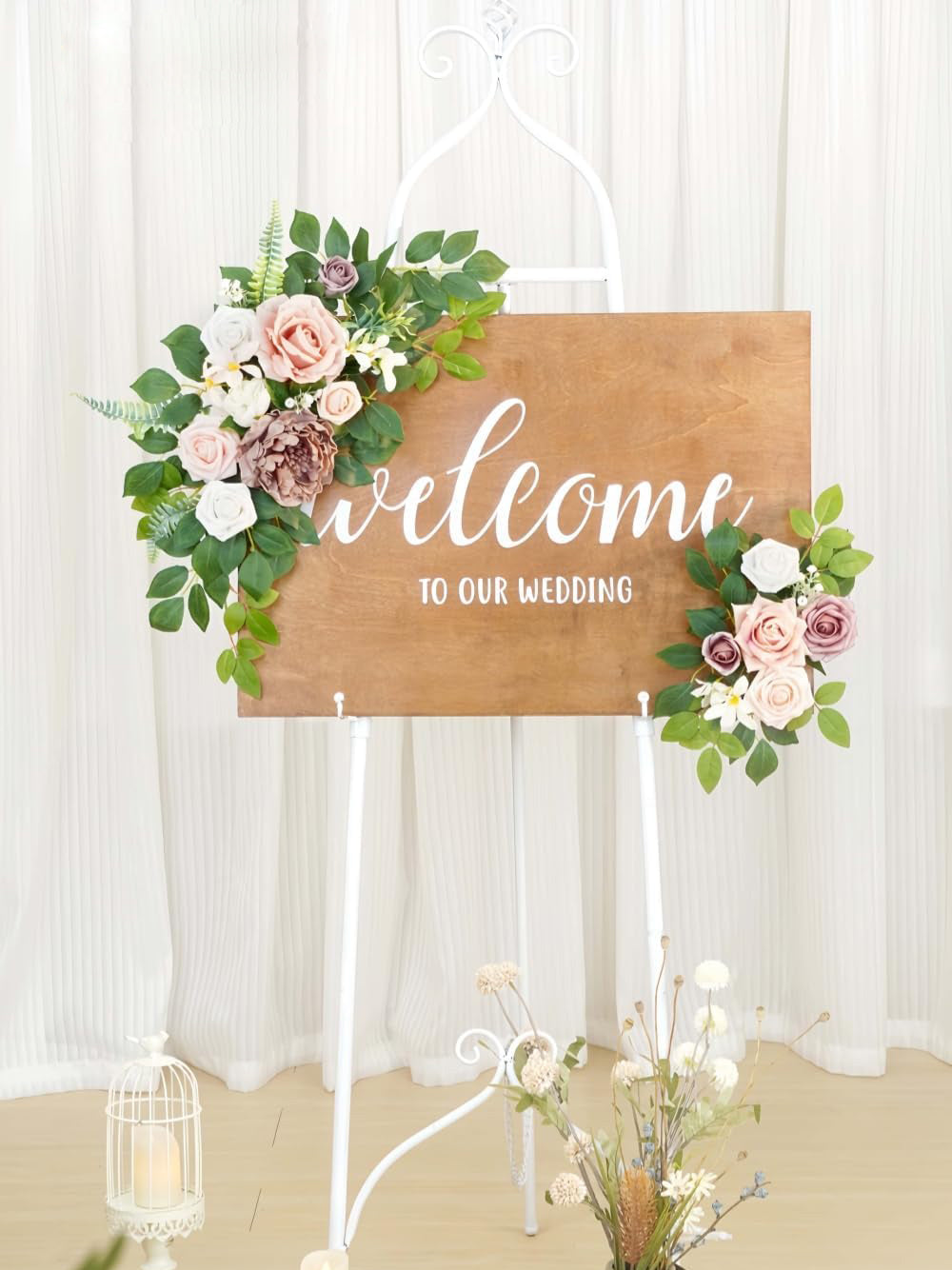 Dusty Rose Welcome Sign Artificial Wedding Arch Decor Set of 2 23/13 Inch