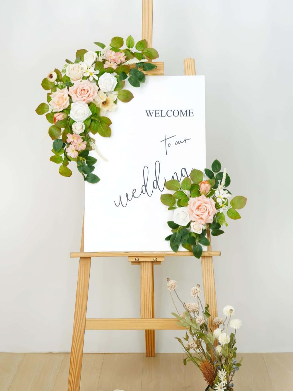 Flesh Pink And White Welcome Sign Artificial Roses Wedding Arch Decor Set of 2 23/13 Inch