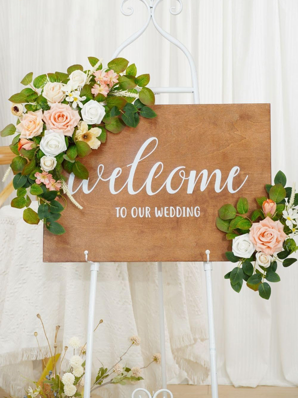 Flesh Pink And White Welcome Sign Artificial Roses Wedding Arch Decor Set of 2 23/13 Inch