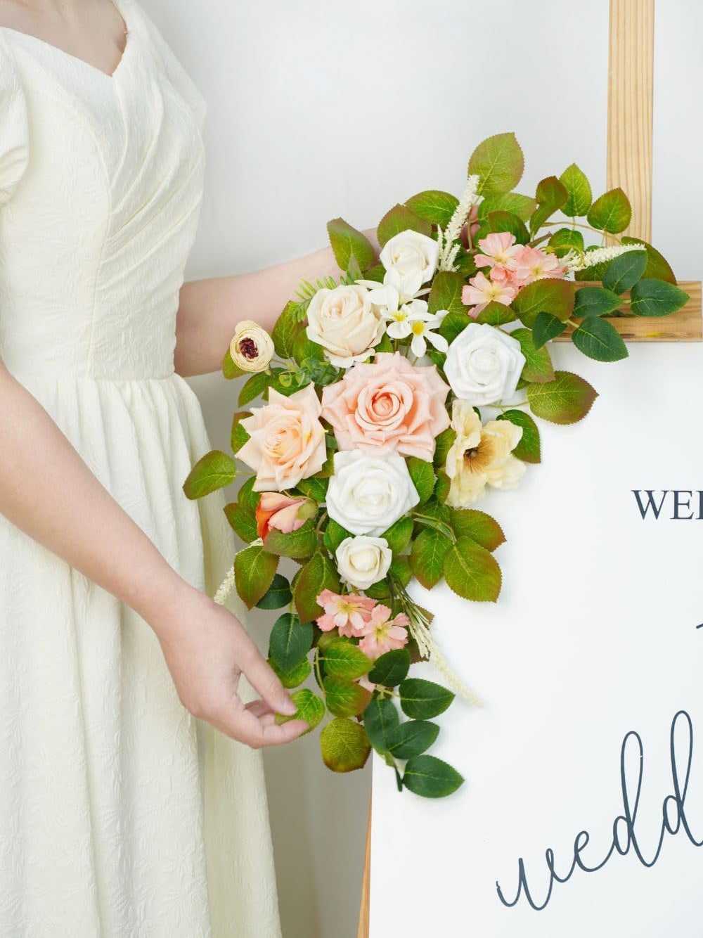 Flesh Pink And White Welcome Sign Artificial Roses Wedding Arch Decor Set of 2 23/13 Inch
