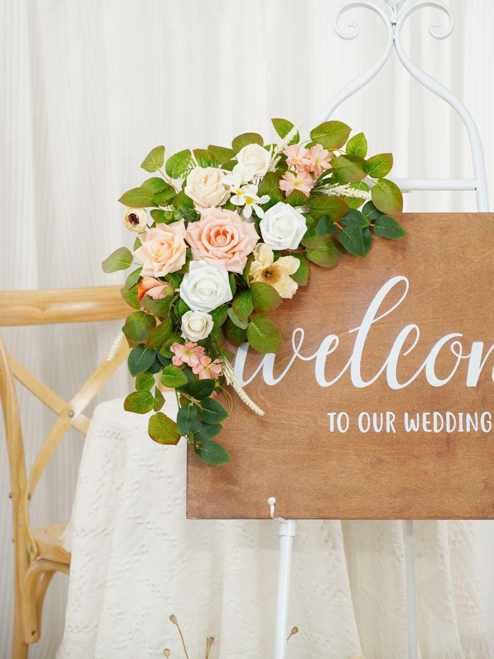 Flesh Pink And White Welcome Sign Artificial Roses Wedding Arch Decor Set of 2 23/13 Inch