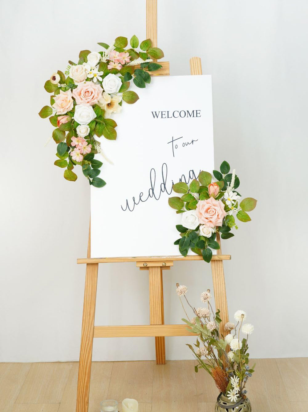 Flesh Pink And White Welcome Sign Artificial Roses Wedding Arch Decor Set of 2 23/13 Inch