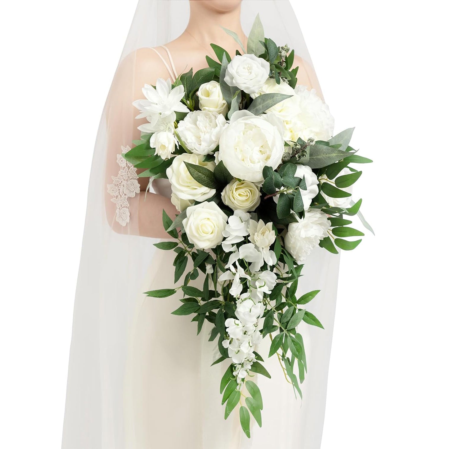Ivory White Bridal Cascade Bouquet 15 Inch Artificial Flowers