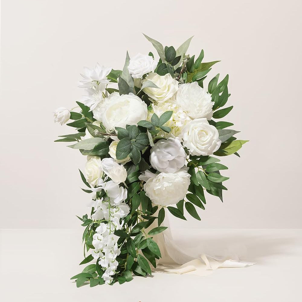 Ivory White Bridal Cascade Bouquet 15 Inch Artificial Flowers