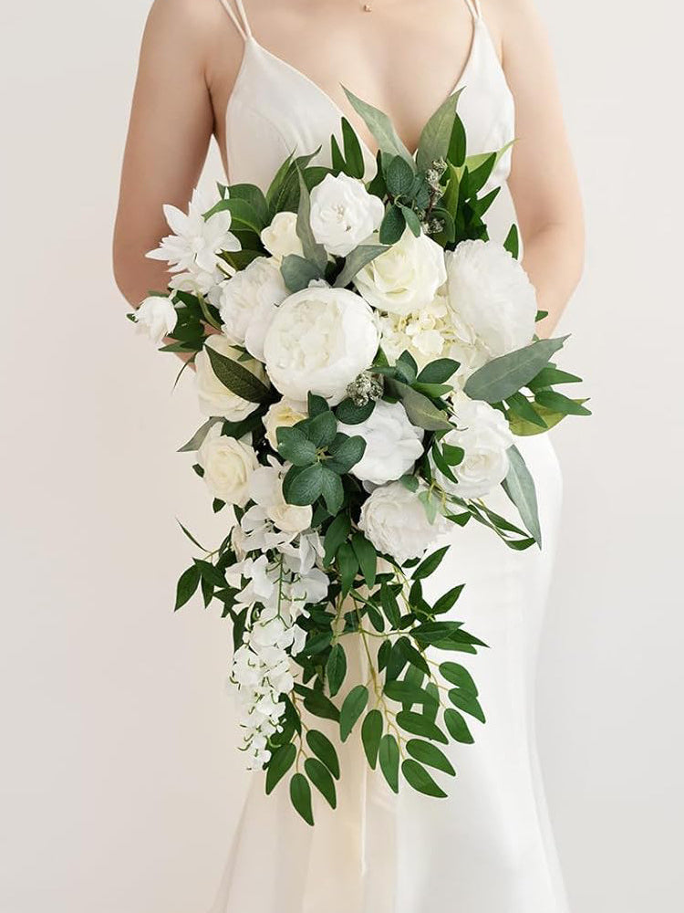 Ivory White Bridal Cascade Bouquet 15 Inch Artificial Flowers