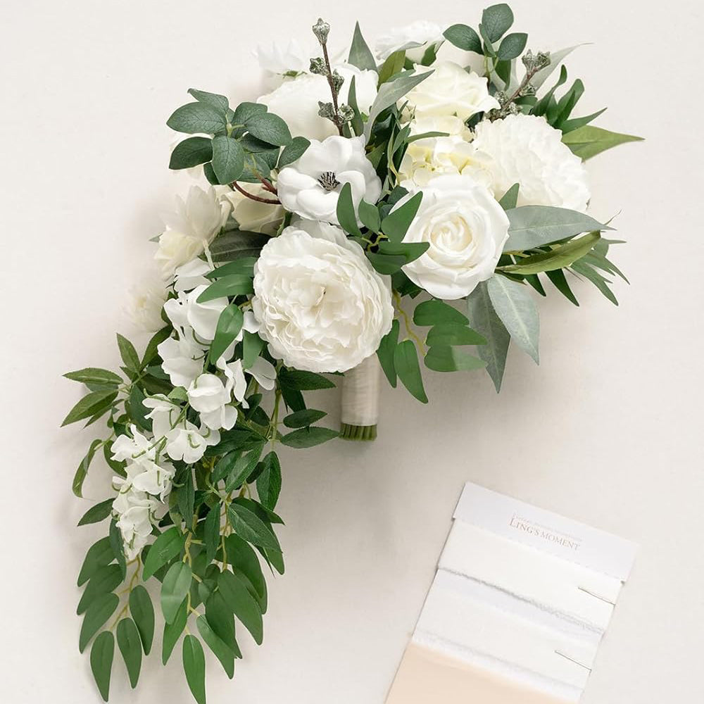 Ivory White Bridal Cascade Bouquet 15 Inch Artificial Flowers