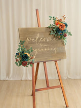 Artificial 2 Piece Teal And Burnt Orange Floral Swag Welcome Sign