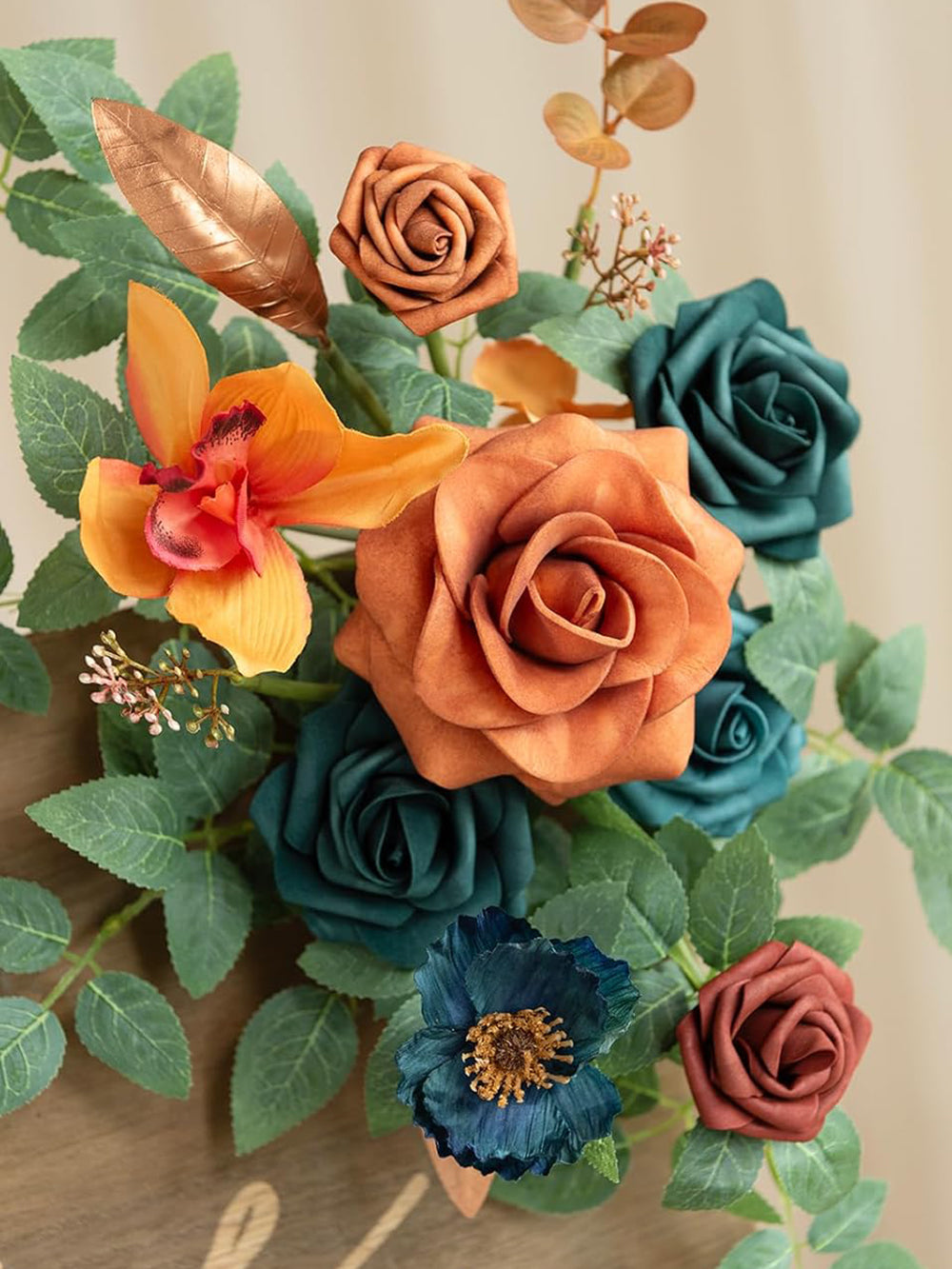 Artificial 2 Piece Teal And Burnt Orange Floral Swag Welcome Sign