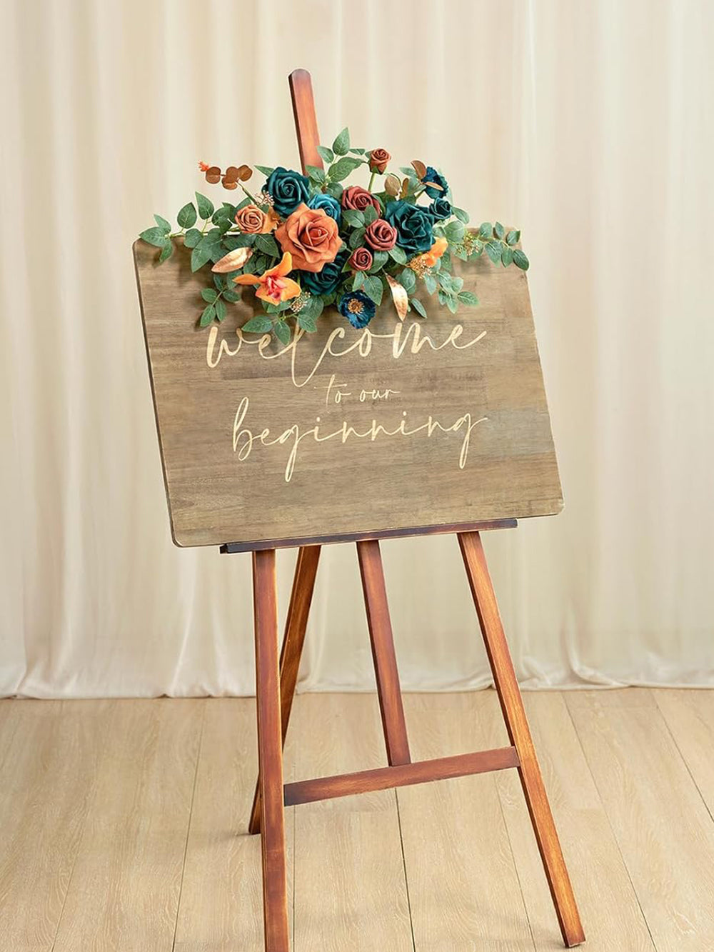 Artificial 2 Piece Teal And Burnt Orange Floral Swag Welcome Sign