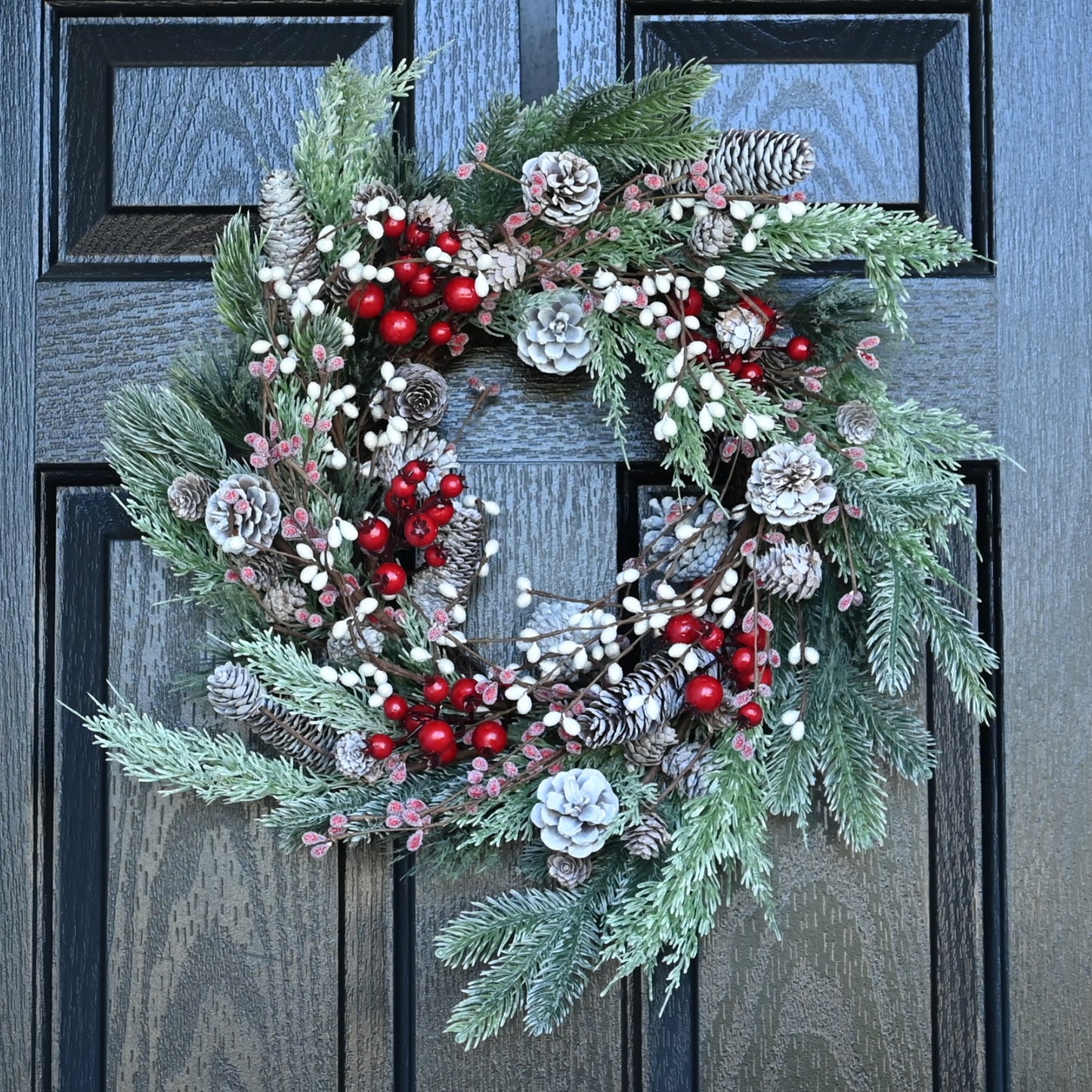 Christmas Wreath for Front Door, 24 inch Winter Wreaths with Natural Pine Cones, Red Berries,Spruce Branches