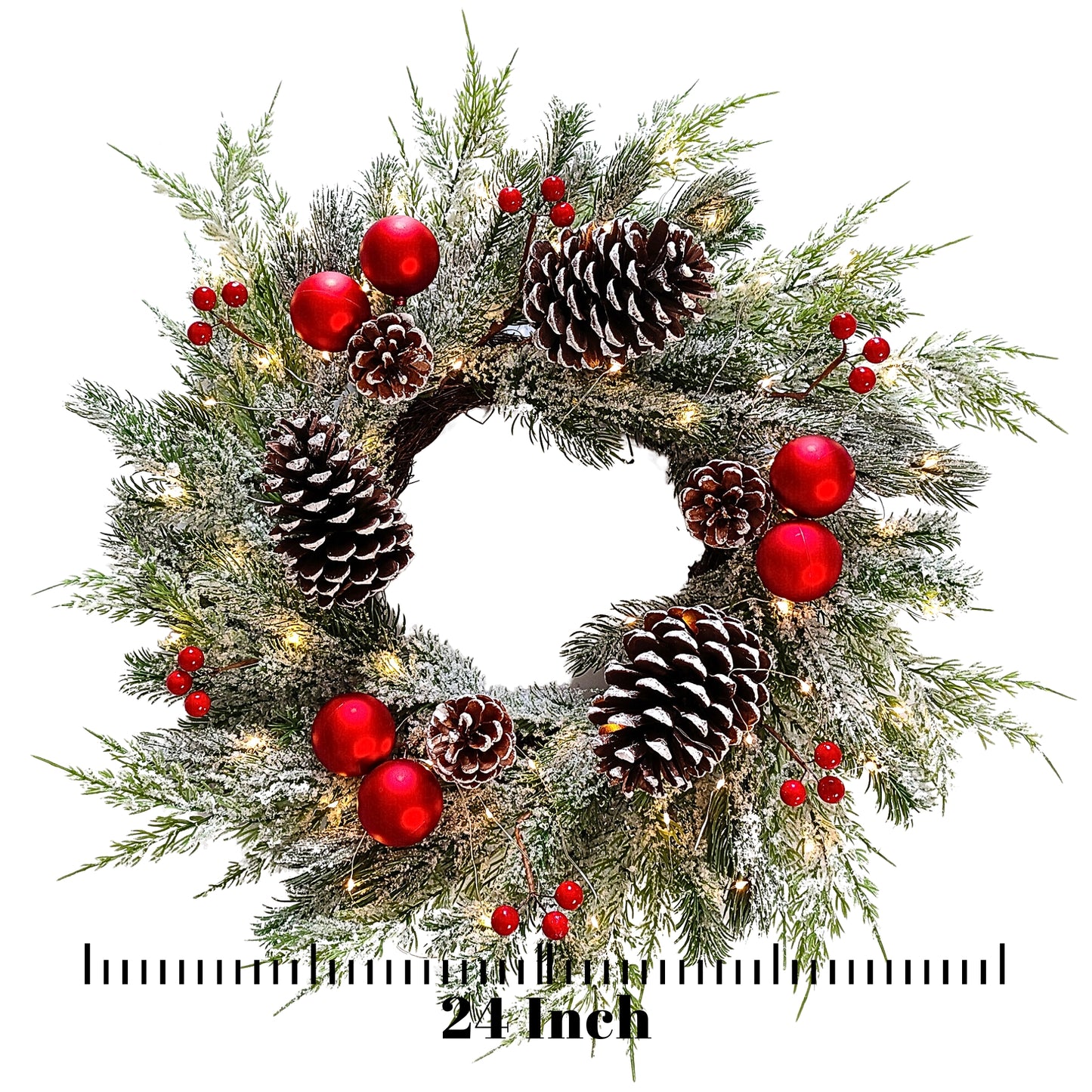 24 Inch PreLit Christmas Wreaths for Front Door with Large Pinecones Battery Operated 40 LED Lights