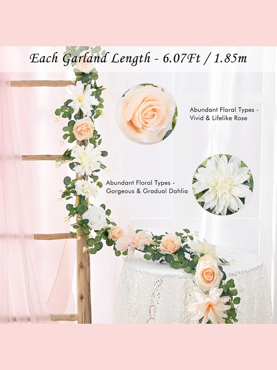 Champagne Rose Eucalyptus Garland 6.07Ft Wedding Table Runner Centerpieces