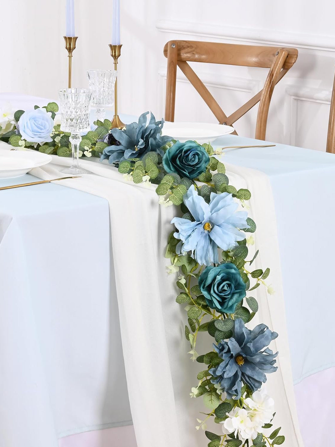 Dusty Blue Eucalyptus Garland With Flowers For Wedding Centerpieces 6.07 ft