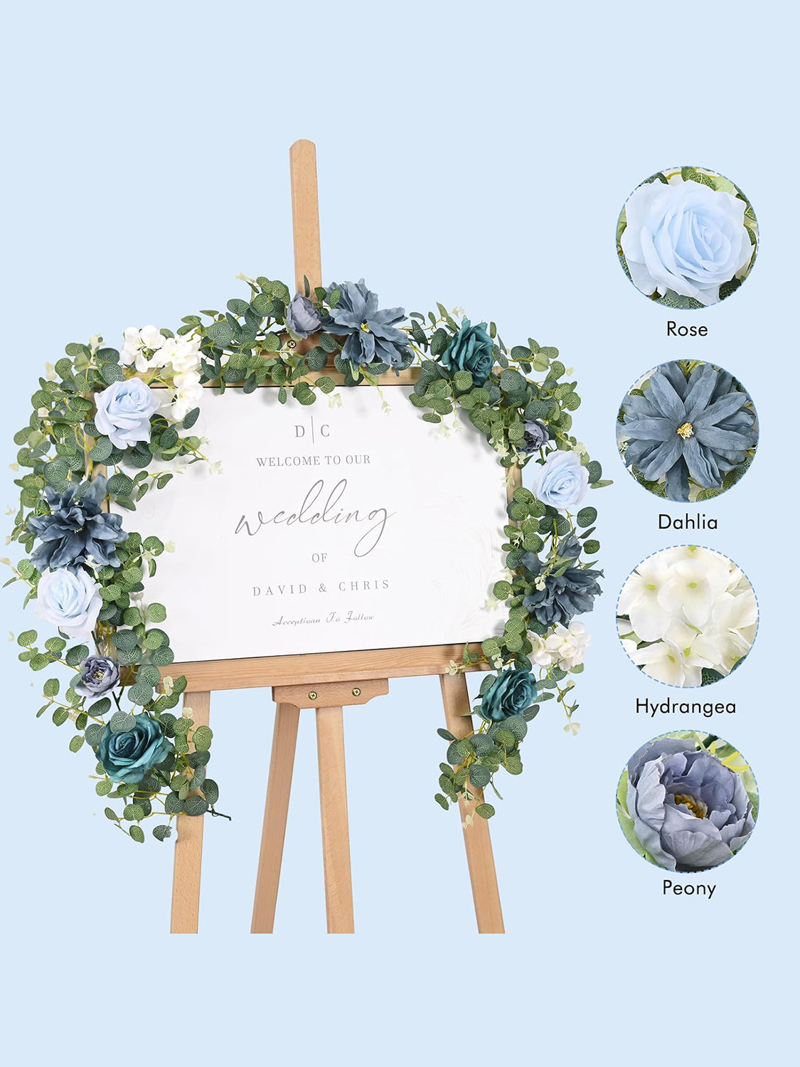 Dusty Blue Eucalyptus Garland With Flowers For Wedding Centerpieces 6.07 ft